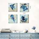 Navy Blue Ocean Animals Wall Art Beach Bathroom Decor Sea Turtle Octopus Jellyfish Canvas Pictures Kids Nursery Room Rustic Sea Fish Poster Artwork for Bedroom Living Room Home Decorations 16x16 4Pcs, 16x16in