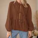 PRETTYGARDEN Women's Spring Fall Babydoll Peplum Blouse Shirt Puff Long Sleeve Bow Tie Front Trendy Cute Y2K Going Out Tops (Brown, M)