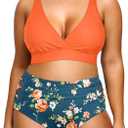 Yonique Womens Plus Size Bikini High Waisted Swimsuits Two Piece Bathing Suits Tummy Control Swimwear (Medium, Orange and Blue Print)
