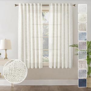 MEETBILY Natural Cream Linen Curtains 84 Inches Long for Living Room 2 Panels Set Linen Textured Back Tab Pocket Thin Semi Sheer Off White Neutral Boho Curtain Drapes for Bedroom, 7 FT