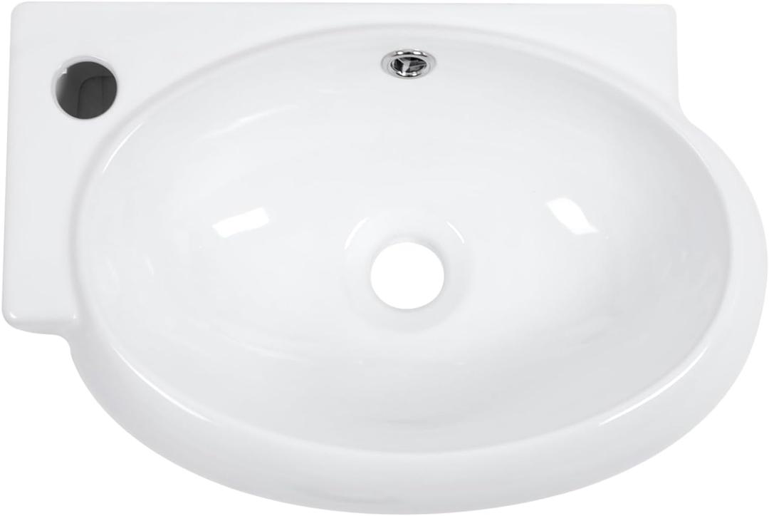 Bathroom Sink White 16.5x11 Left Hand Wall Mount Hung Vessel Sink Bathroom Corner Floating Oval Modern Bathroom White Porcelain Ceramic Vessel Vanity Sink with Faucet Hole (16.5"X11" Left Hand, White-Wall Mounted)