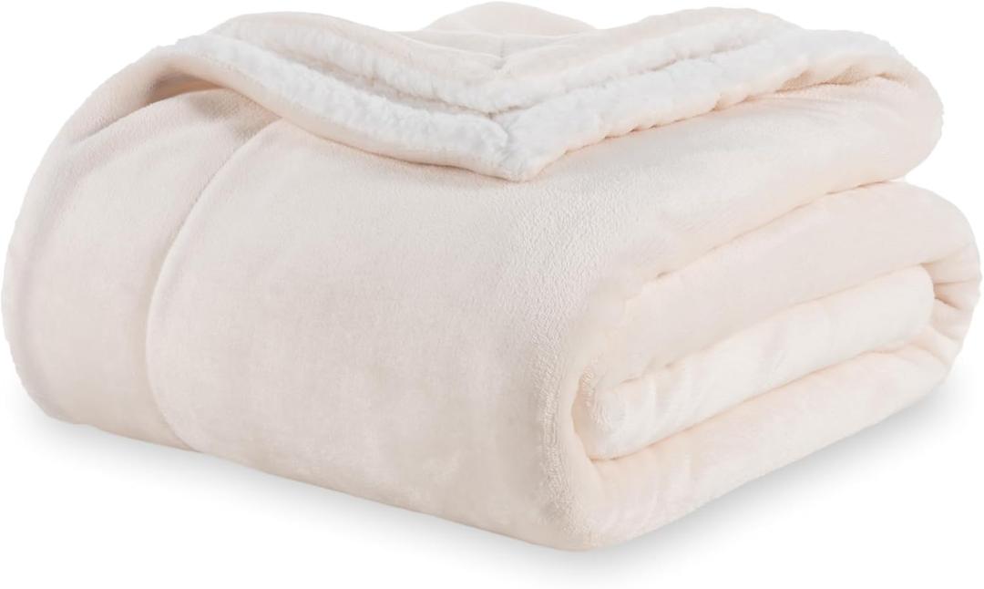Berkshire Blanket-Sherpa Throw Blanket, Warm and Soft Loftmink Reversible Throw for Couch, Sofa and Travel, Cream, 50 in x 60 in