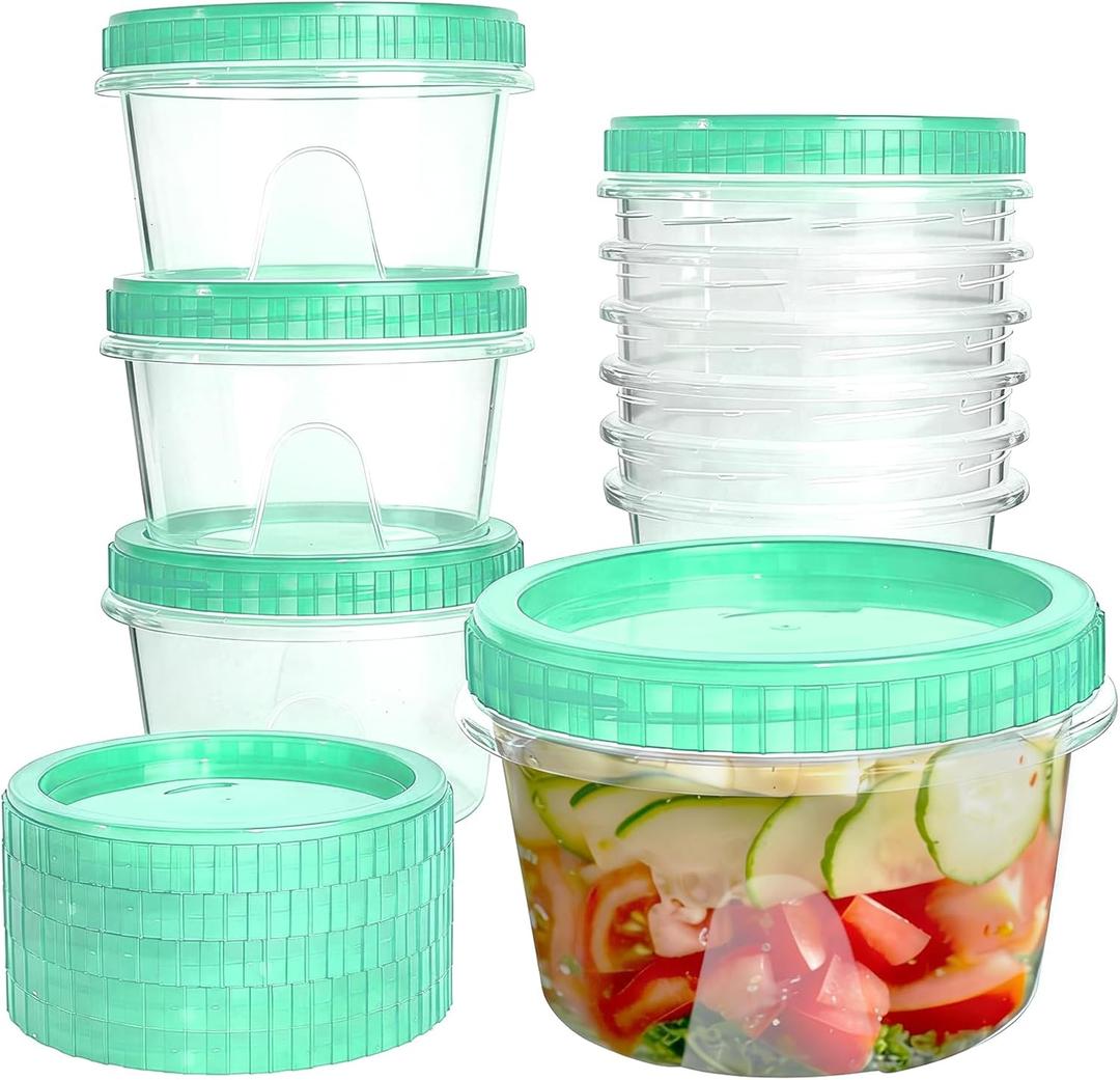 10 Pack 16 oz Freezer Storage Containers with Green Twist Top Lids, Small Plastic Food Storage Soup Meal Prep Containers, Leakproof Overnight Quart Containers for Lunch Leftover Fruit Salad Oat