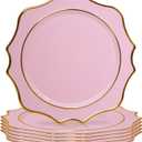 MAONAME 13" Pink Charger Plates Set of 6, Round Chargers for Dinner Plates, Scallop Plate Chargers with Gold Rim, Plastic Charger for Table Setting, Wedding Decor