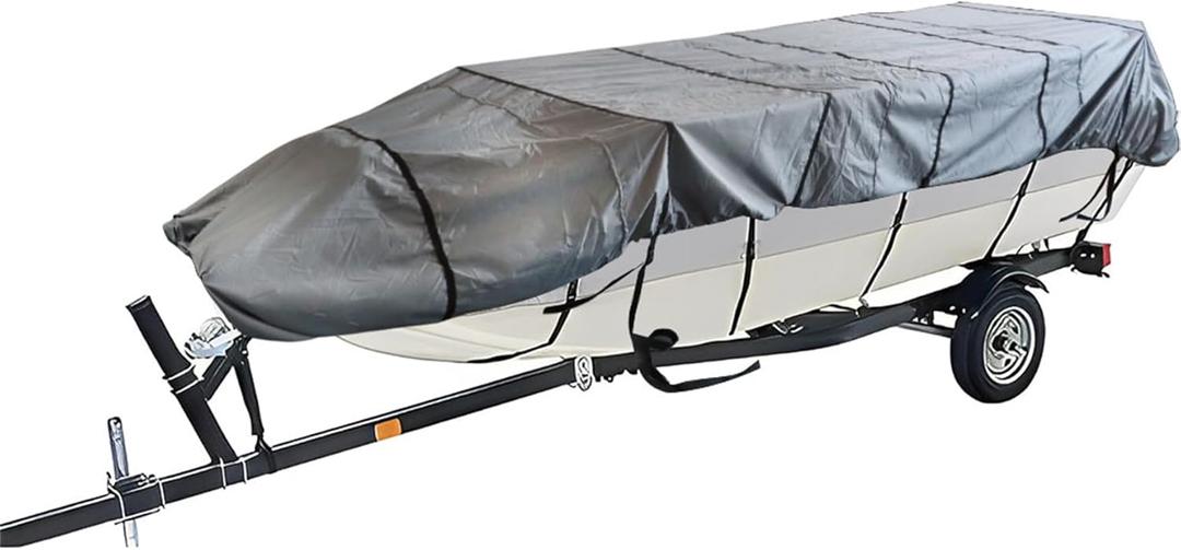 WFLNHB 210D Heavy Duty Trailerable Boat Cover Replacement for Jon Boat-Grey (16ft Length, Beam Width to 75inches)