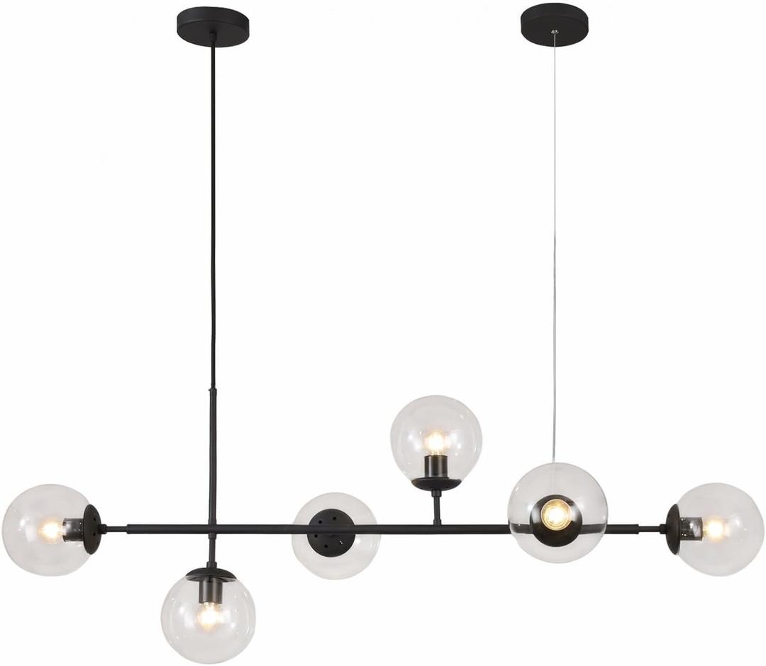 KCO Lighting 6-Light Clear Glass Globe Pendant Light Mid Century Modern Rectangular Sputnik Chandelier Vintage Black Linear Kitchen Island Pendant Lighting Dining Room (Black+Clear)