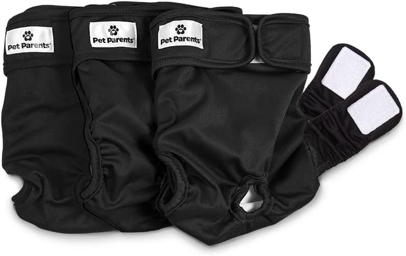 Pet Parents Washable Dog Diapers (3pack) + Extendrs of Durable Doggie Diapers, Premium Dog Diapers Female & Male (X-Small, Black) (X-Small)