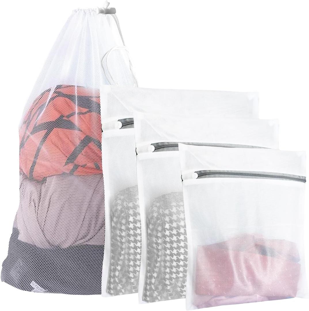 4Pcs Mesh Laundry Bags, Durable Laundry Bag, Delicates Bags for Washing Machine College, Dorm, Family, Travel, (1small, 1medium, 1large, 1xx-Large) White