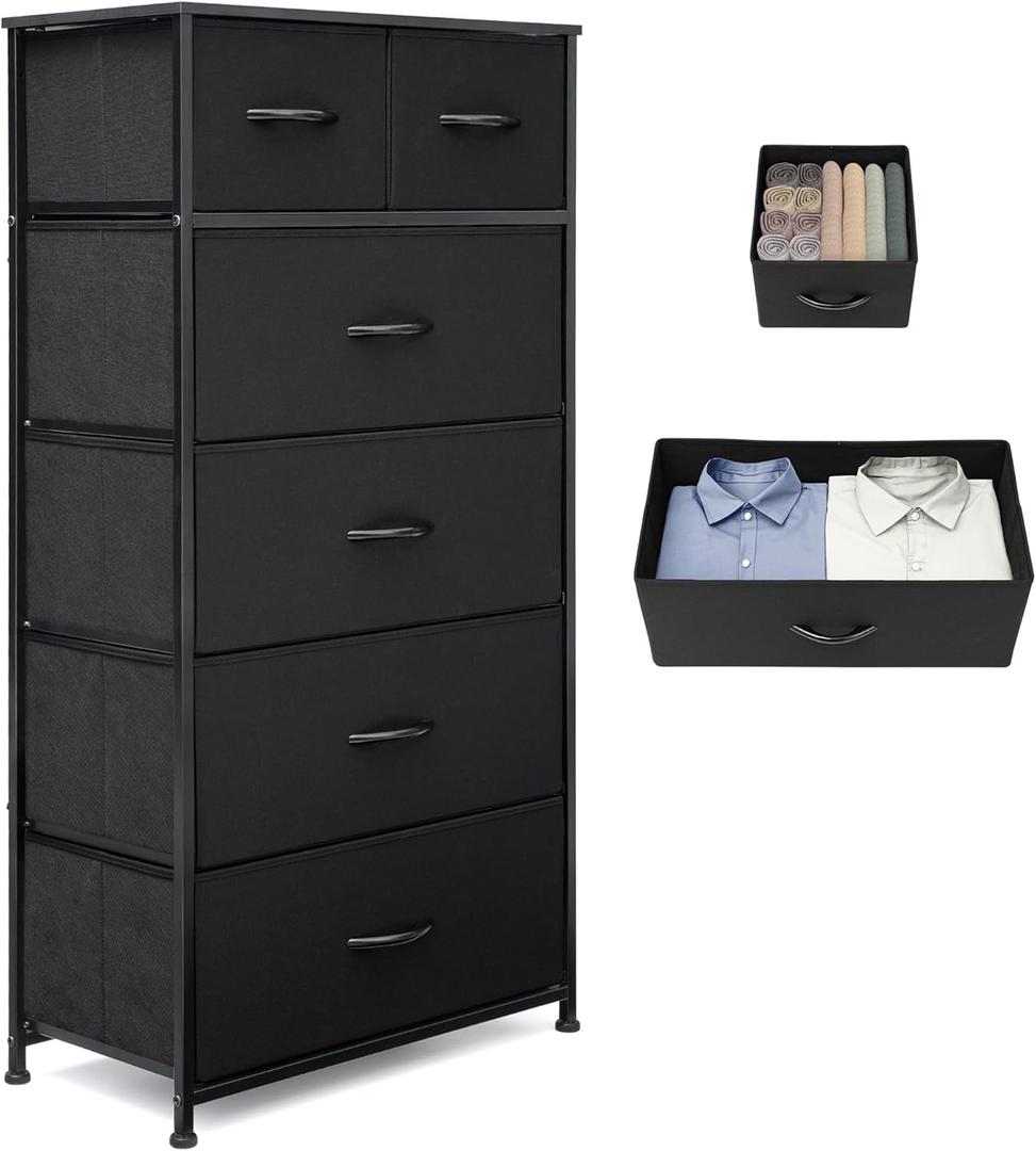 Fabric Dresser for Bedroom, Tall Skinny Dresser with 6 Drawers, Storage Organizer Tower, Steel Frame Wooden Top for Closet, Living Room, Hallway, Nursery(Black)