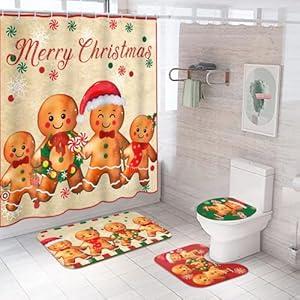 Preboun 4 Pcs Gingerbread Men Christmas Shower Curtain Set 72" Xmas Bathroom Decor with 12 Hook Non Slip Rug Toilet Lid Cover and Bath Mat Waterproof Bathroom Accessories Set Home Winter Holiday Decor