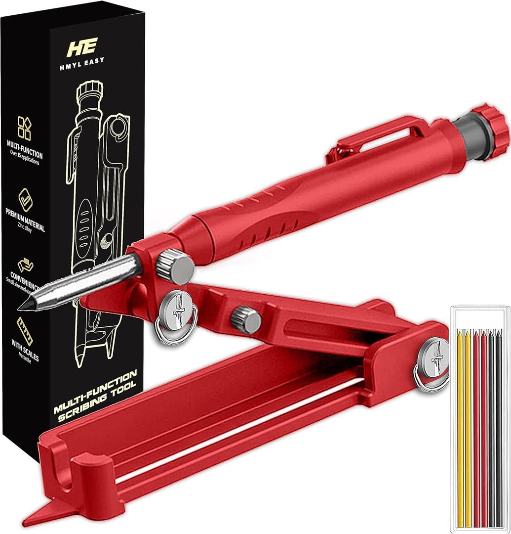 Multi function Scribing Tool, Zinc Alloy Smart Scribe Tool with Solid Carpenter Pencil, DIY Scribe Tool woodworking, Gauge Scriber Line Maker, Measuring Tool with Scale, Red