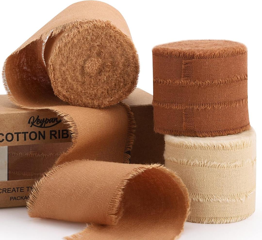 Keypan Fall Ribbon Brown 1-1/2 x 15 Yards Handmade Cotton Frayed Fringe Fabric Ribbons for Crafts Flower Bouquets Wedding Baby Shower Home DIY Decor