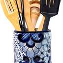 Talavera Utensil Holder Hand Painted Ceramic Spoon Crock Colorful Utensil Crock Large Mexican Spoon Rest 6" H Color: White & Blue