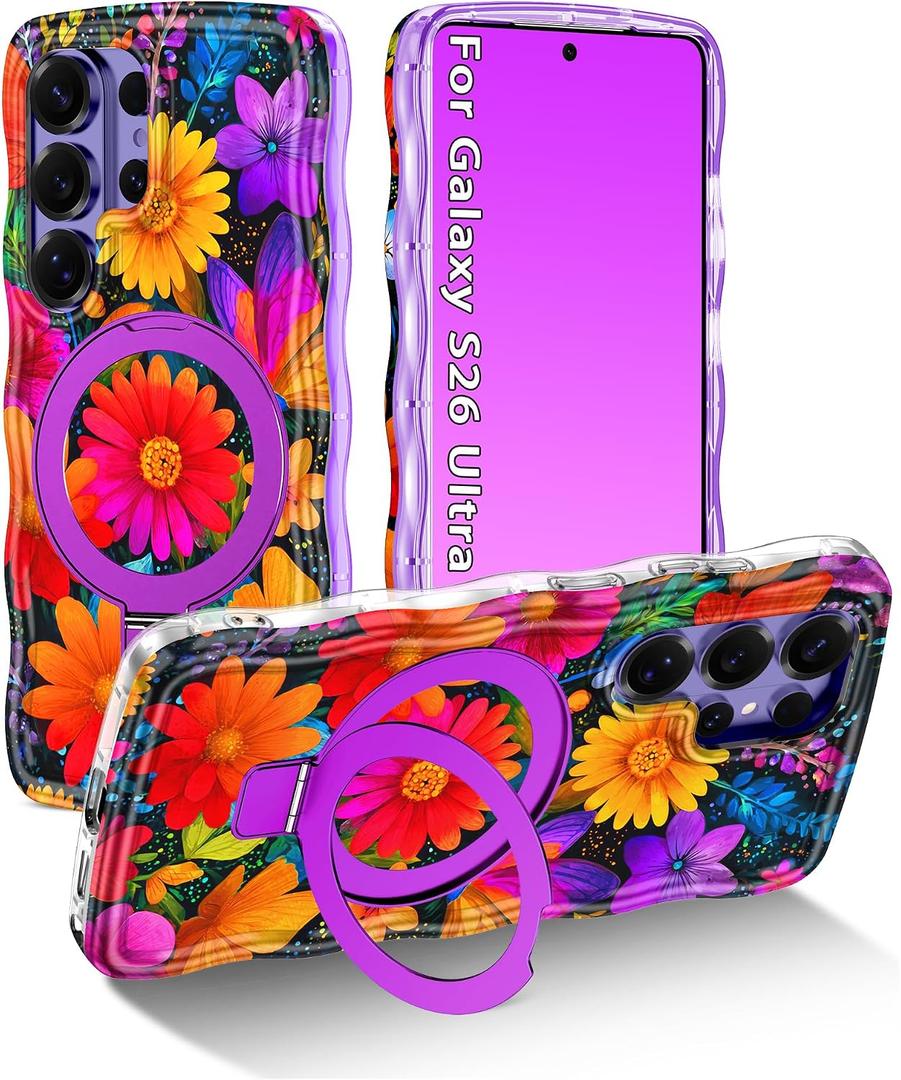 Meshine for Galaxy S26 Ultra Case with Magnetic Stand,Wave Frame,Purple