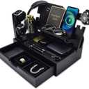 Nightstand Organizer for Men with Large Drawer, Wood Phone Docking Station for Phone, Apple Watch, Wallet & Keys, Ideal Birthday Gift for Father Husband, Bedside Desk Organizer (Black)