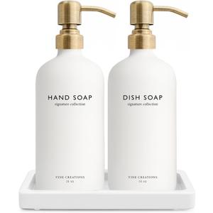 Vine Creations Glass Soap Dispenser Set, Kitchen Soap Dispenser Set with Ceramic Tray, 16 oz Dish Soap and Hand Soap Dispenser Set with Stainless Steel Pump Decor (White Bottle/Brushed Brass)