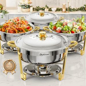 Chafing Dishes for Buffet 4 Pack, 6QT Round Chafing Dishes for Buffet [Elegant Gold and Silver Colors] Stainless Steel Chafing Dish Buffet Set for Any Party