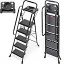 KINGRACK 5 Step Ladder, Folding Step Stool for Adult with Tool Platform, Handrails, Wide Anti-Slip Pedals, Pass 800lbs Load Testing， Portable Safety Step Stool for Home, Kitchen, Black
