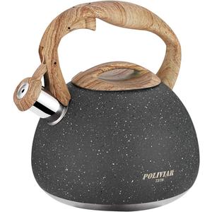 POLIVIAR Tea Kettle, 2.7 Quart Natural Stone Finish with Wood Pattern Handle Loud Whistle Food Grade Stainless Steel Teapot, Anti-Hot Handle and Anti-Rust, Suitable for All Heat Sources (JX2018-GR20) (Gray)
