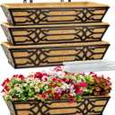 4 Pack 24 Inch Window Boxes Planters with PET Tray and Coco Liner, Metal Railing Planter Boxes for Outdoor Plants, Heavy Duty Hanging Garden Trough for Porch Deck Railing and Backyard Fence