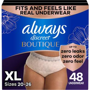 Always Discreet Boutique Incontinence and Postpartum Underwear for Women, Maximum Protection, Extra Large, Rosy, 48 Count (3 Packs of 16) (XL)