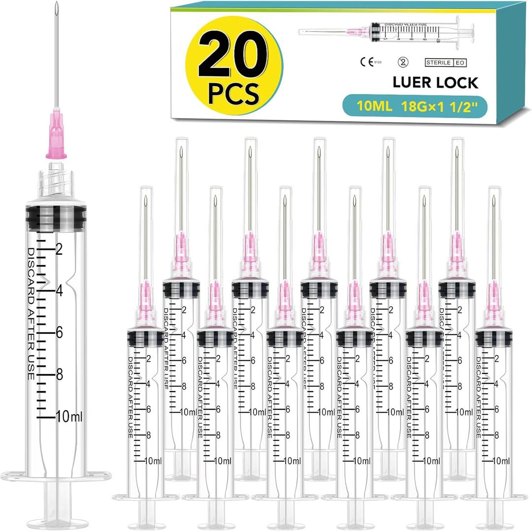 20 Pack 10ml Syringes with Needle-18Ga 1.5 Inch Needle with Luer Lock, Individually Sealed Packaging