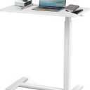 Height Adjustable Overbed Table, Pneumatic Bedside Desk with Hidden Casters, Rolling Laptop Computer Table, Movable Standing Desk for Home, Office, and Hospital, White