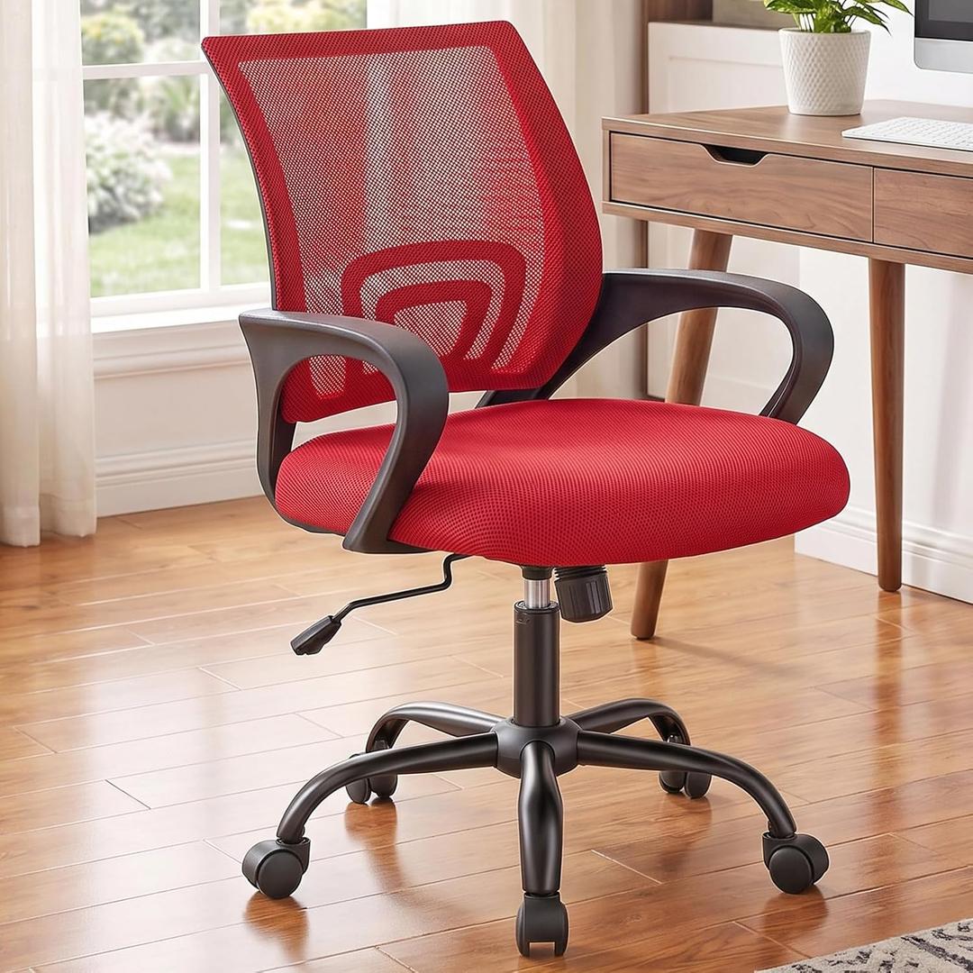 DUMOS Ergonomic Office Chair, Executive Desk Chair with Lumbar Support | Mid Back, Breathable Backrest, Fixed Armrest, Height Adjustable, 360 Swivel, Computer Gaming, Meeting, Red, 22.6" W x 23.62" D x 37.4" H