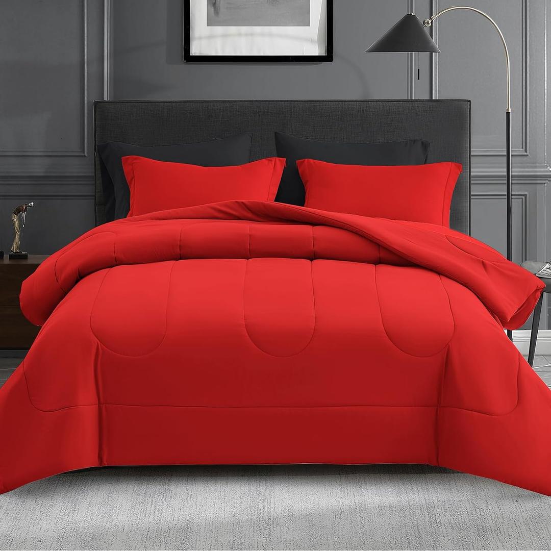 Maple&Stone Queen Size Comforter Set 7 Pieces Bed in a Bag - Down Alternative Bed Set with Sheets, Pillowcases & Shams, Soft Reversible Duvet Insert for Queen Bed, Black and Red