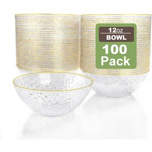 Rubtlamp 100 Pack Clear Disposable Bowls, Clear Plastic Bowls with Gold Rim, 12-16oz Premium Heavy Duty Plastic Hammered soup Bowls for Milk Cereals, Snacks, Salads