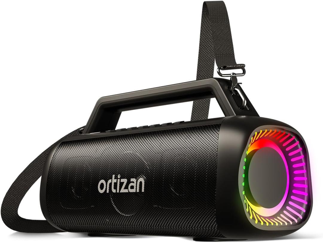 Ortizan 80W Speakers Bluetooth Wireless Loud with Bass, 24H Playtime, IPX7 Waterproof, Bluetooth 5.3, TWS Pairing, Large Outdoor Speaker with Lights, Portable for Garage, Camping and Beach - Black