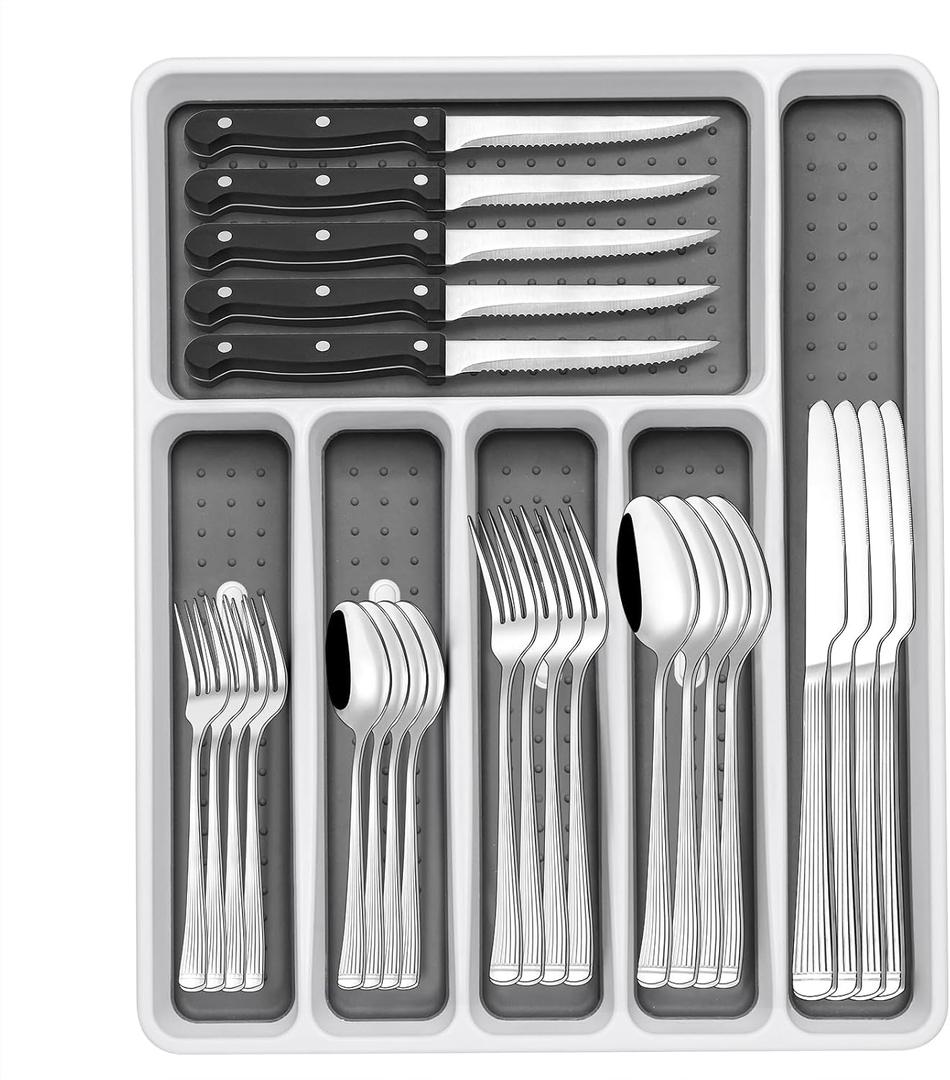 49-Piece Silverware Set with Organizer, Food-Grade Stainless Steel Flatware for 8, Cutlery Utensil Sets with Steak Knives, Rust-proof, Mirror Polished, Dishwasher Safe, Silver Roman Column