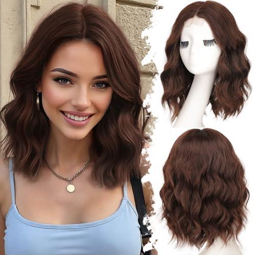 Eawwii Chocolate Brown Short Wavy Wig for Women Lace Hairline Bob Style Synthetic Heat Resistant - Natural Appearance for Everyday Hairstyle 14 Inch