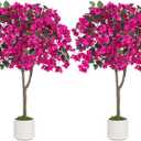 BLOSMON Bougainvillea Artificial Tree for Porch: 2-Pack 3.9ft Hot Pink Fake Flower Tree for Home Front Door Decoration - Faux Silk Floral Plant with Pot for Outdoor Garden Patio Indoor Decor