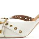 Leather Buckle Strap Kitten Heel Mules Pointed Toe Vintage Heeled Slide Sandals Studs Stiletto Mid Heel Pumps (7, Beige)