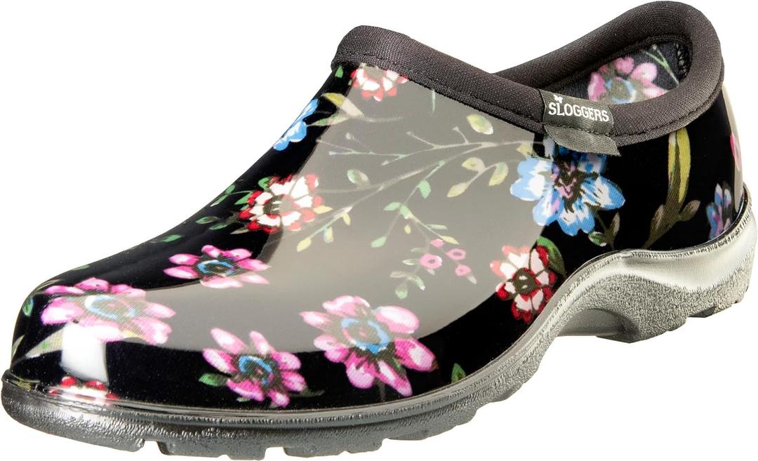 Sloggers Original Waterproof Rain and Garden Shoe for Women Outdoor Slip-On Garden Clog - Made in The USA with Premium Comfort Insole and Arch Support - Ditsy Spring Black, Size 8