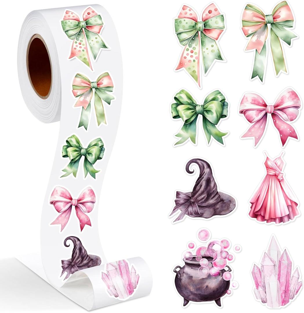Bows Sticker Roll 500 Pcs Y2k Bows Stickers Pink and Green Party Favor Reward Cute Office Supplies for Witch Birthday Party Supplies