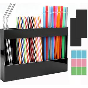 Acrylic Straw Holder, Straw Organizer Dispenser with Two Pieces Rubber Magnet Sheets, Drinking Straw Storage Holder for Cabinet Door Fridge Counter Kitchen Office (Black)