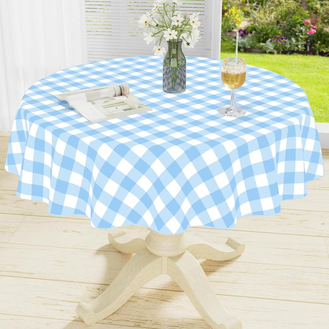 misaya Round Waterproof Vinyl Table Cloth, Buffalo Flannel Backed Tablecloth, Wipeable Plastic Table Cover for Dinner, Kitchen, Picnic (60", Baby Blue and White)