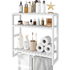 Over The Toilet Storage Bathroom Shelves Wall Mounted 3 Tier Space Saver Corner Shelf Organizer Bamboo Towel Rack Toilet Paper Cabinet with Hanging Rod White (Standard)