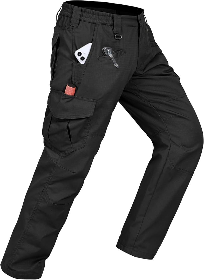 Mens Work Pants Cargo Tactical Construction for Men Ripstop Water Repellent Lightweight Outdoor Hiking with Pockets (36W x 30L, Black)