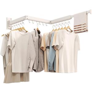 Wall Mounted Tri-Fold Clothes Drying Rack, Heavy Duty Collapsible Laundry Drying Rack, Space-Saving Retractable Foldable Drying Rack Clothes for Laundry Room Balcony Bathroom,White-Hooks