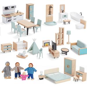 Giant bean 36pcs Wooden Dollhouse Furniture Set 5 Rooms 4 Family Dolls, Wood and Plastic Blue Dollhouse Accessories, Pretend Play Furniture Toys Christmas Birthday Gift for Boys Girls Kids Toddlers 3+, 25*11*22cm / 9.84*4.33*8.66in