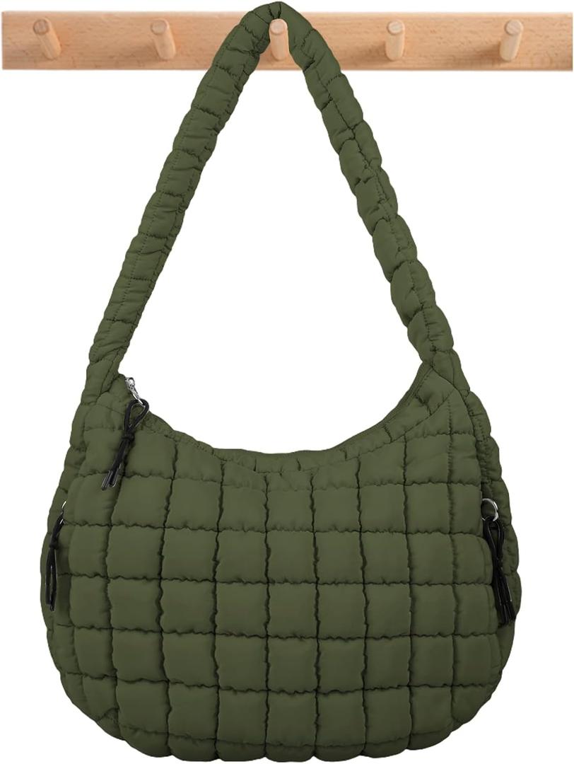 Quilted Puffer Tote Bag Large Crossbody Shoulder Bag with Zipper, Nylon Bubble Hobo Handbag Carryall Bag for Women (Medium, Darkgreen)