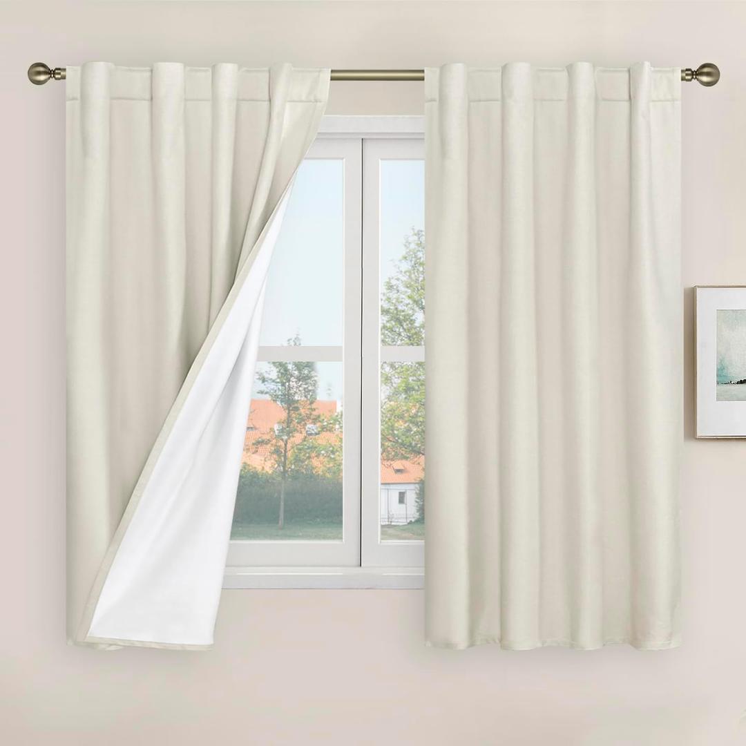 LAMIT 100% Blackout Short Linen Curtains, 48 Inch Length Linen Textured Thermal Curtains Back Tab and Rod Pocket Neutral Panels with White Liner for Small Window, 2 Panels, 42 x 48 Inch, Ivory