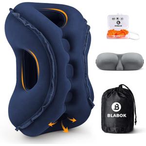 Inflatable Travel Pillow,Multifunction Travel Neck Pillow for Airplane to Avoid Neck and Shoulder Pain,Support Head,Neck,Used for Sleeping Rest, Airplane and Home Use,with Eye Mask, Earplugs,Blue (Medium)