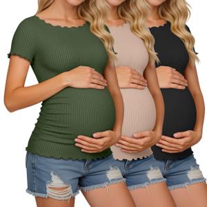 Sweetyweee 3 Pack Women's Maternity Cotton Shirts, 3-Color, Medium (M)