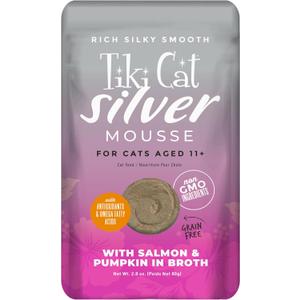 Tiki Cat Silver Mousse, with Salmon & Pumpkin in Broth, Silky Smooth Nutrient Rich Formulated for Older Cats Aged 11+, 2.9 oz. Pouch (12 Count), BB 08/08/2027