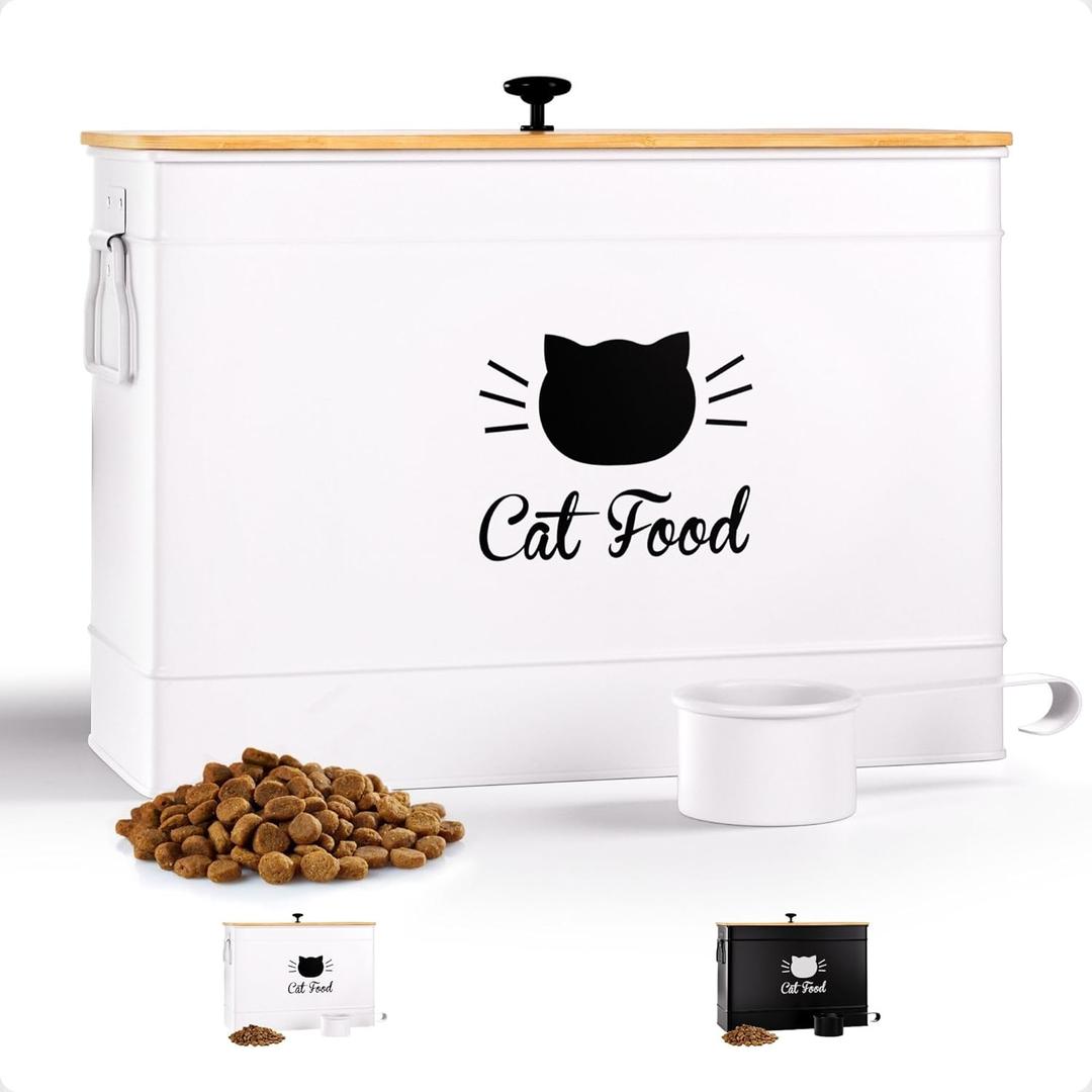 Cat Food Storage Container with Scoop - 15 lb (50 Cup) Capacity Metal Cat Food Container with Airtight Bamboo Lid & Metal Scoop - Airtight Pet Food Storage Containers - 15 lb Treats & Kibble Container (White)