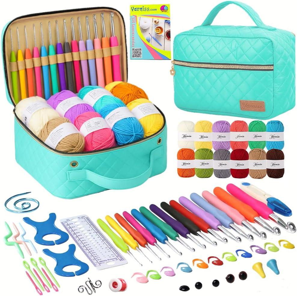 Yarniss Crochet Kits for Beginner, All-Inclusive Crochet Kit for Adults with 14 Size Ergonomic Crochet Hooks,12 Crochet Yarns Balls & Crochet Bag (Green)